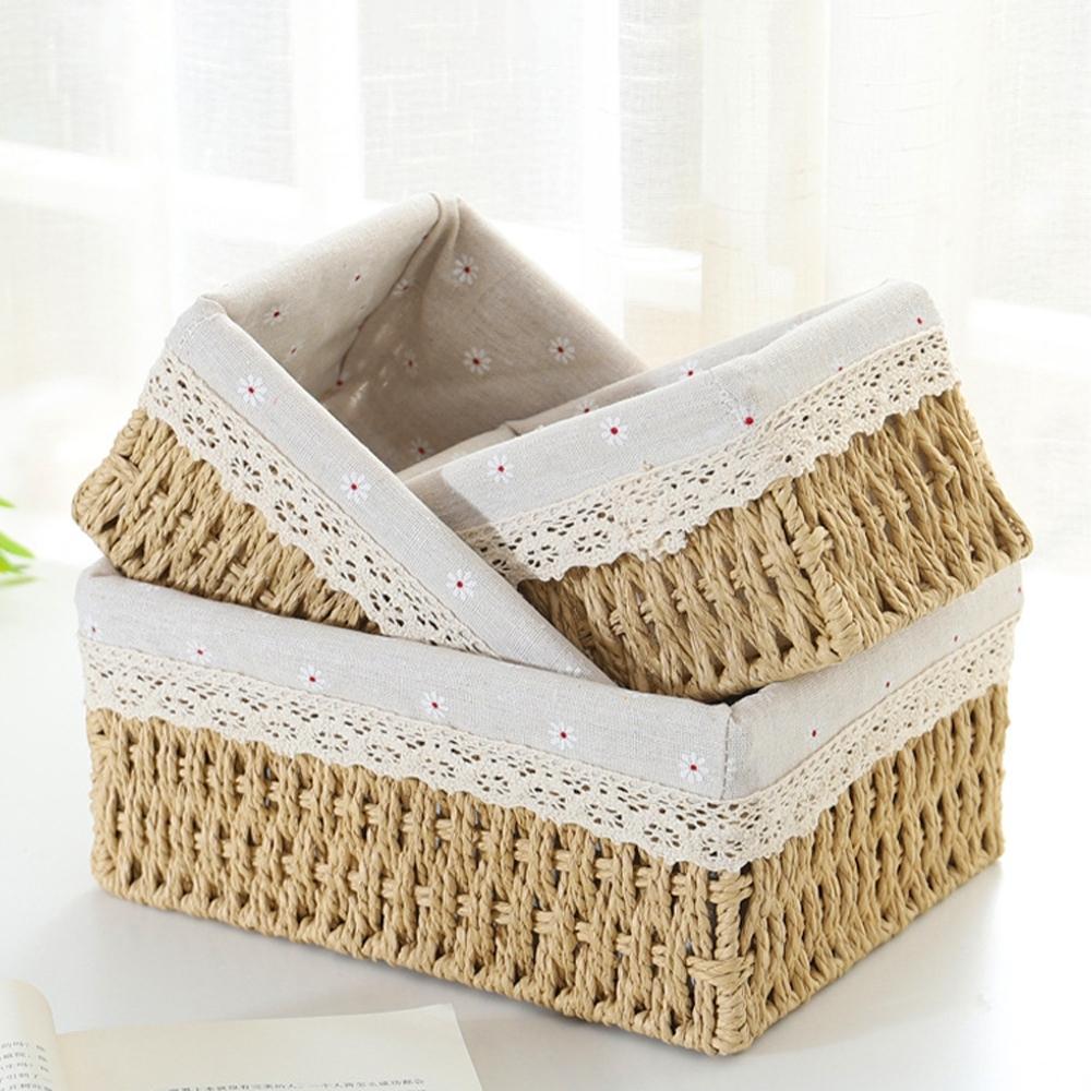 Handwoven Storage Basket with Lid, Desktop Snack Organizer, Living Room Toy Rack, Key and Makeup Holder, Home Organization