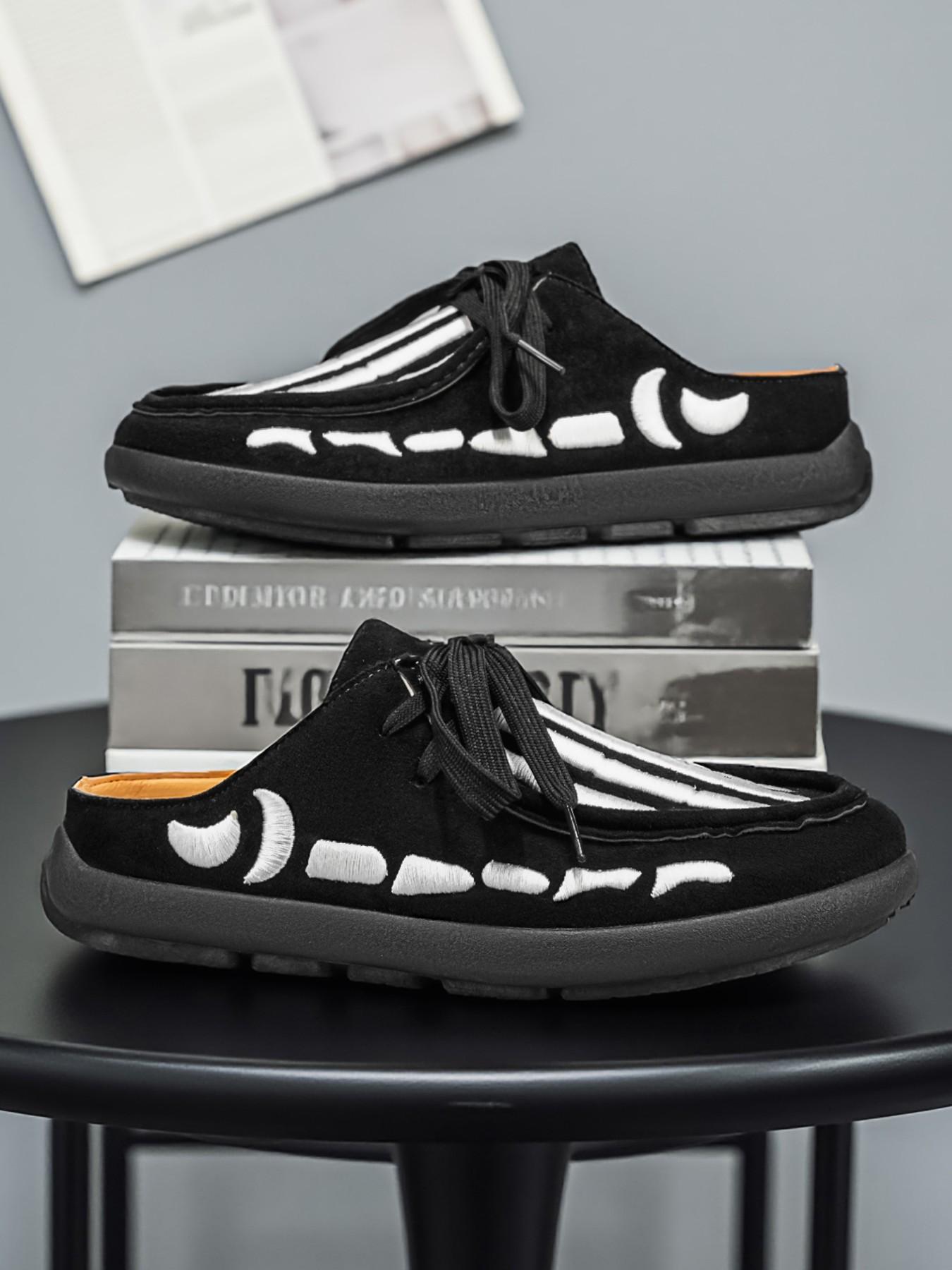 Men's Skull Print Slip-On Mules, Gothic Casual Half Sandals, All Season Lightweight Shoes, Sizes 39-46, Dark Academia Style