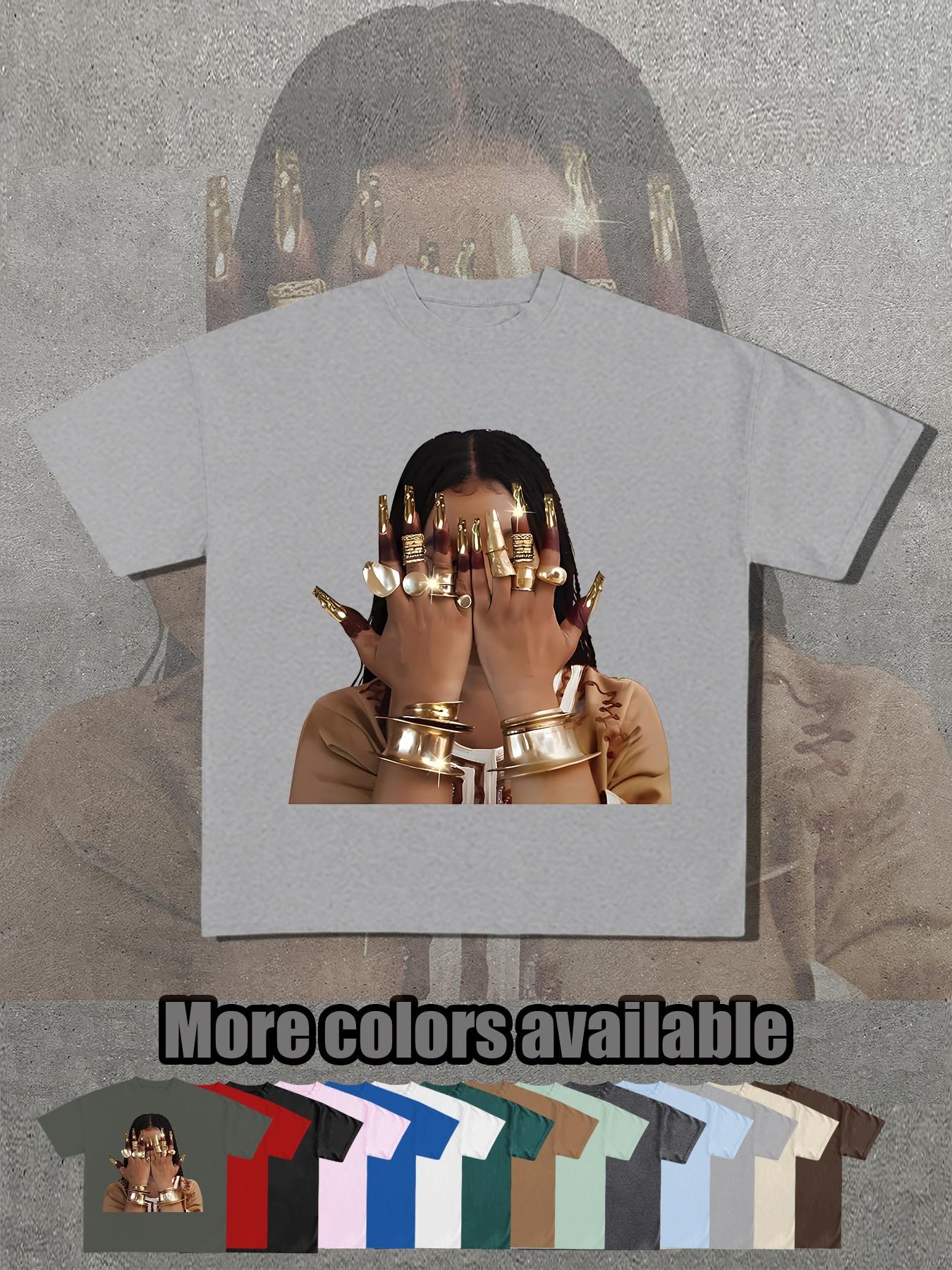 14 Color Options, Retro Egyptian Queen Gold Nail Print T-Shirt, Unisex Short Sleeve, Loose Fit, Street Style, Summer Fashion Essential