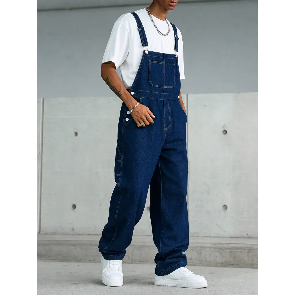 Men's Denim Overalls Workwear Jumpsuit, Casual Straight Fit Long Pants with Adjustable Shoulder Straps, Front Utility Bib Pocket and Side Button Closure, Versatile Menswear for Work, Streetwear, Travel and Weekend Wear