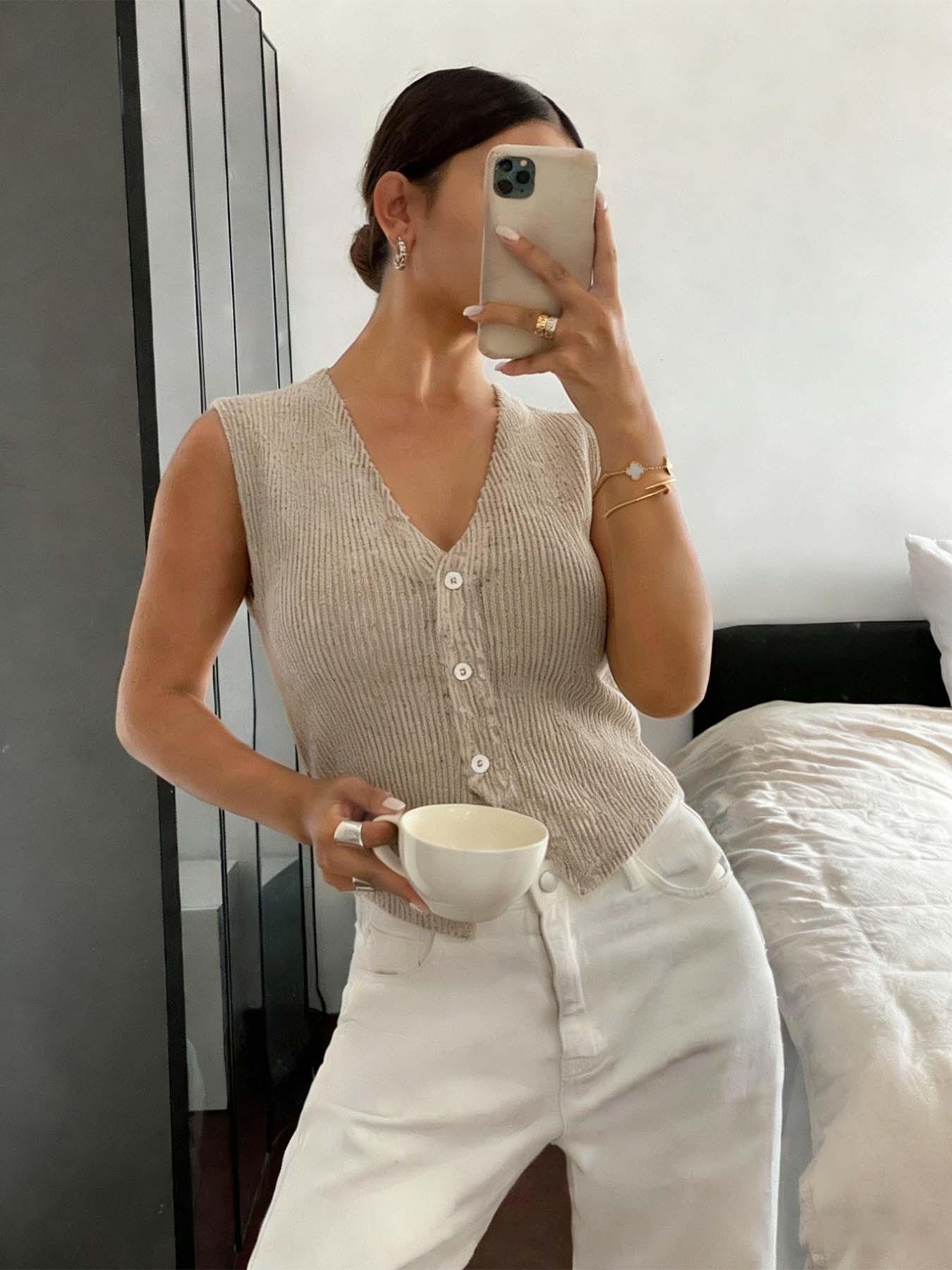 Ribbed knit vest for women, sleeveless V-neck button up crop top, soft and breathable casual knit vest, Y2K aesthetic summer set, multifunctional layered item for daily/office/dating, minimalist chic knitted fabric