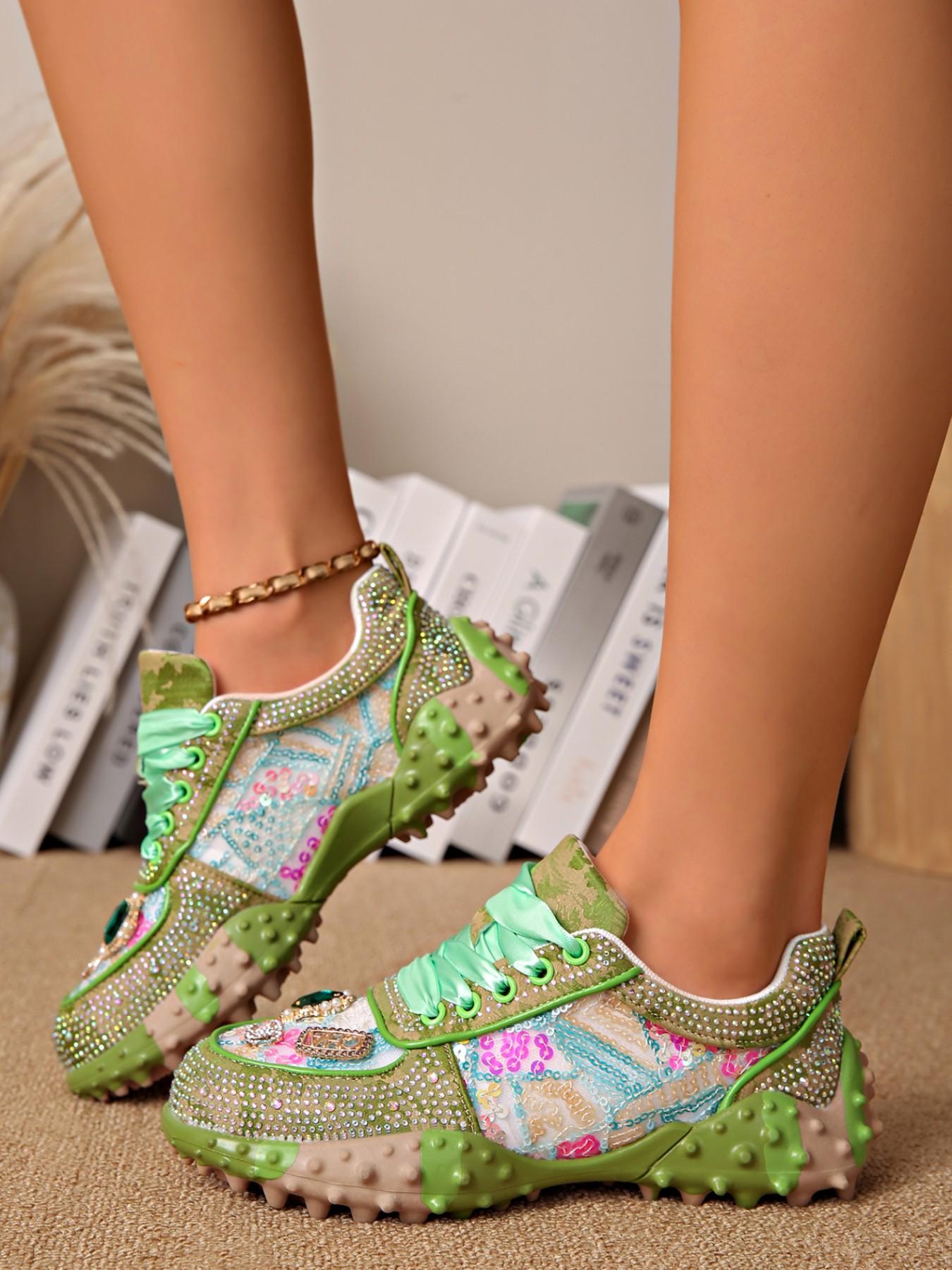 2026 Spring Heavy-Duty Embellished Dad Shoes for Women, Breathable Mesh Thick Sole Casual Sports Shoes, Comfortable and Stylish Footwear