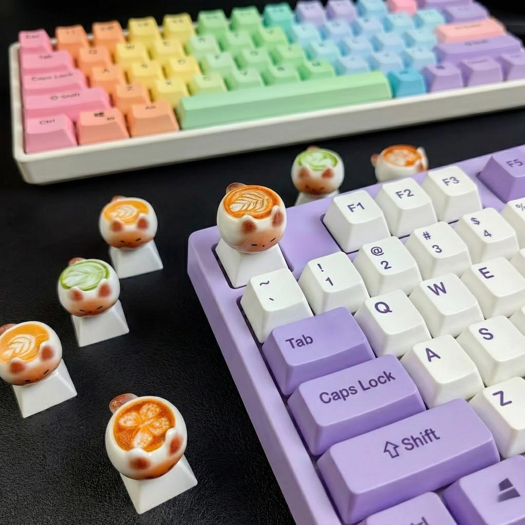 Cute Thai Cat Coffee Cartoon Keycaps, Kawaii Pbt Mechanical Keyboard Caps, Customizable DIY Anime Game Accessories Gift