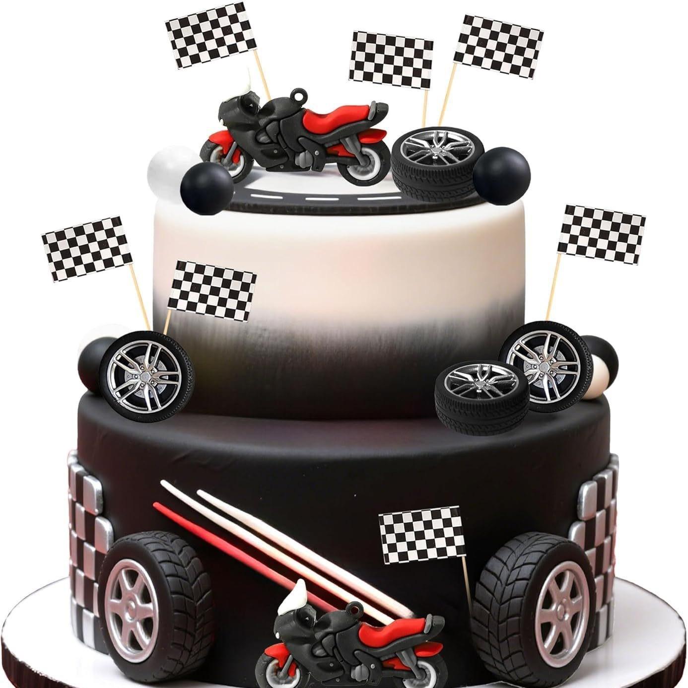 28-Piece Off-Road Motorcycle Cake Decoration Set, Includes and Racing Flags and Foam Ball Picks, 3D Motorcycle Decorative Ornaments
