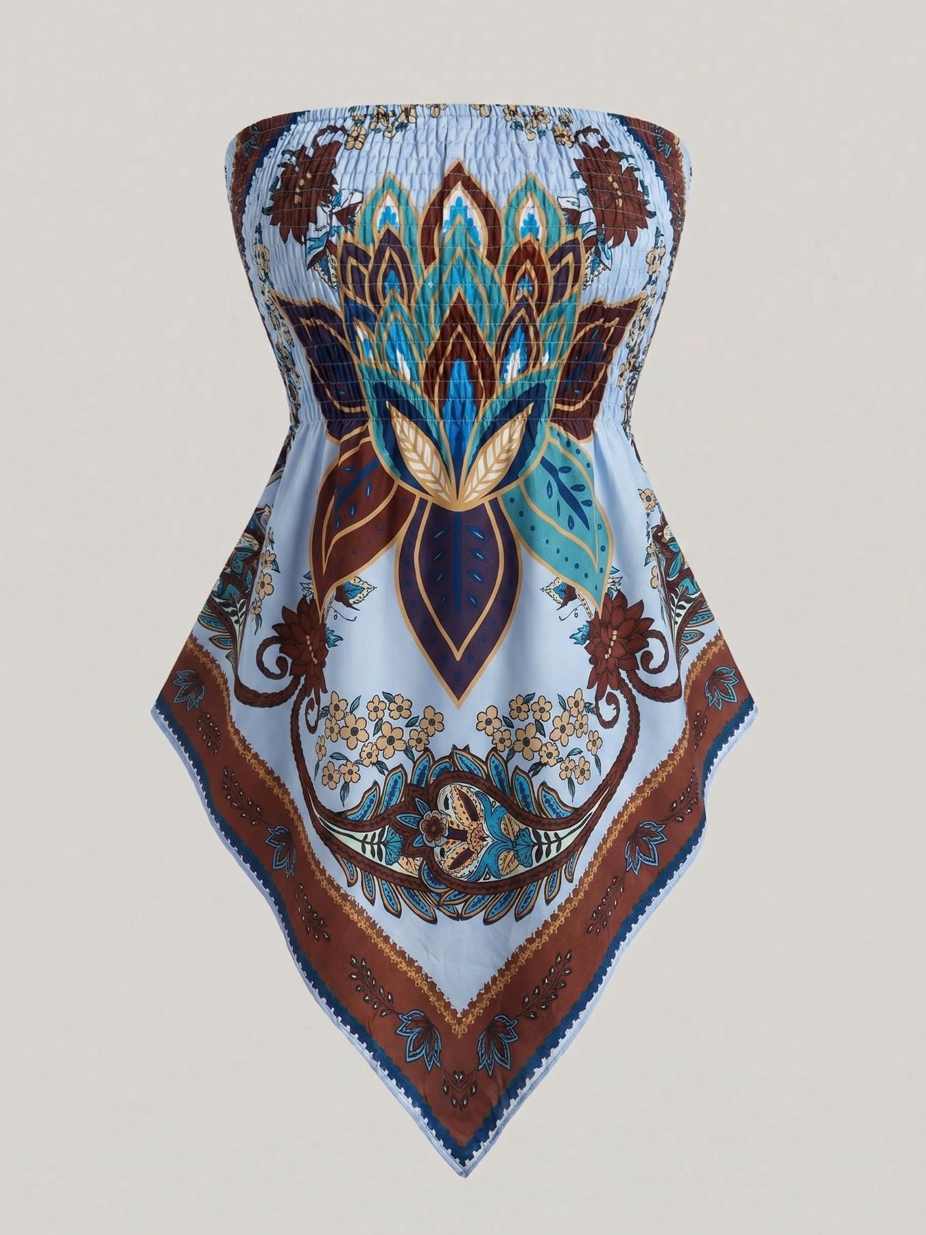Plus Size Women's Ethnic Print Strapless Top, Bohemian Style Asymmetrical Hem Tube Top, Casual Summer Fashion Top