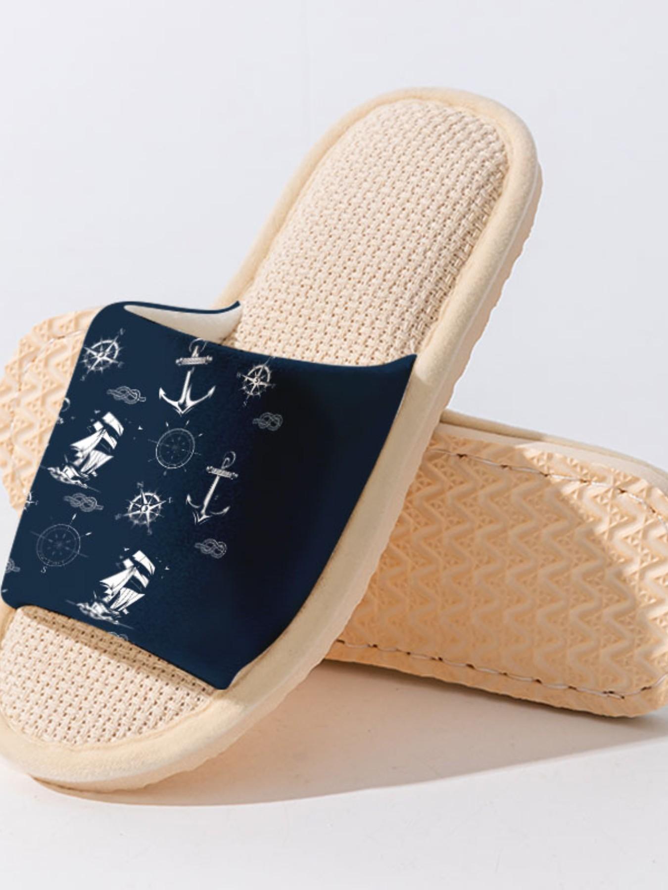 Nautical Compass Linen Slippers, Vintage Nautical Style, Breathable Non-Slip Sole, Bedroom Living Room Daily Wear, Casual Shoes
