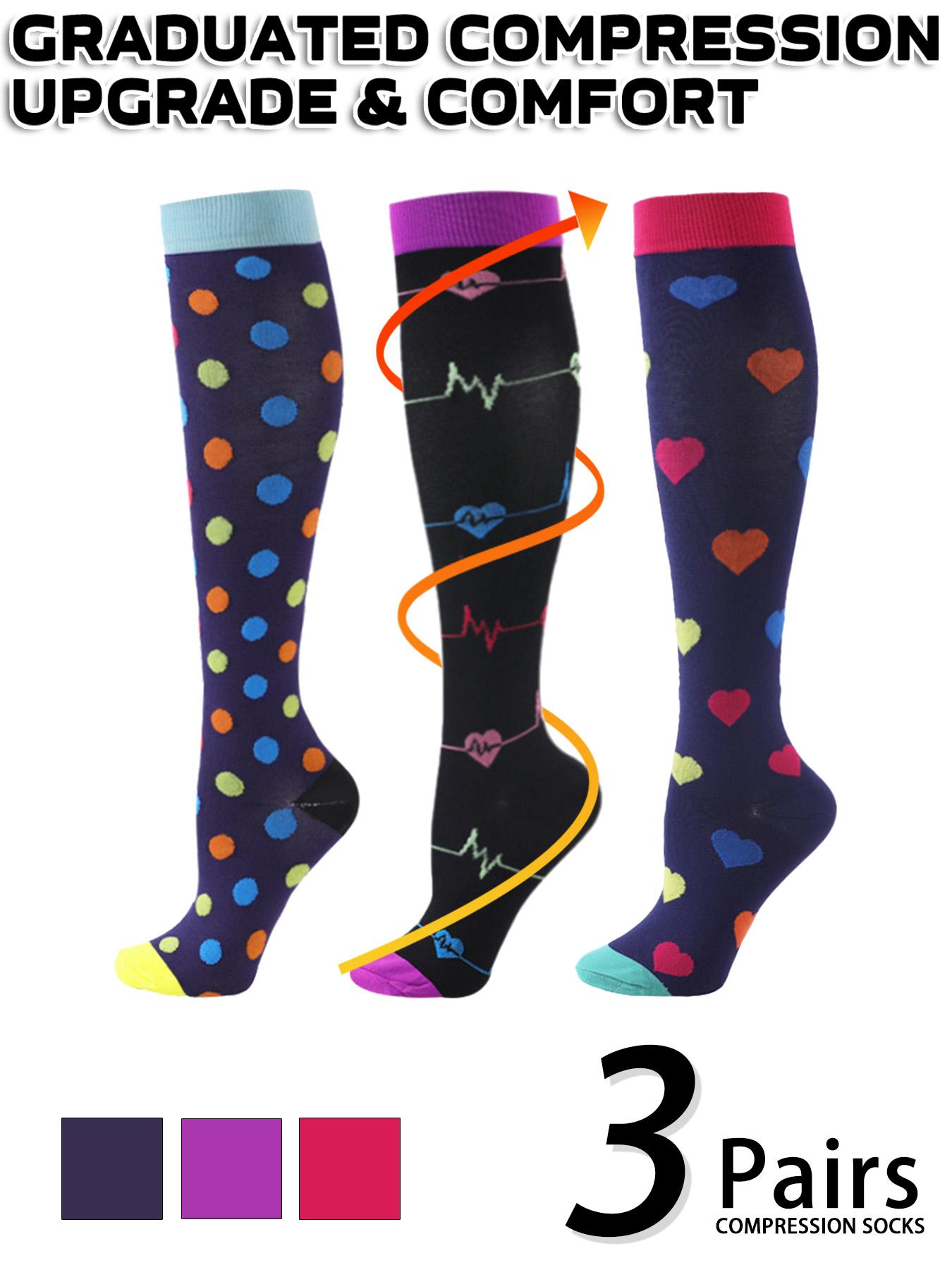 3 pairs of men's and women's compression socks with a compression rating of 15-20 mmHg in a knee-high design for running, performance and recovery, available in a range of colours to help improve circulation, Sports Socks