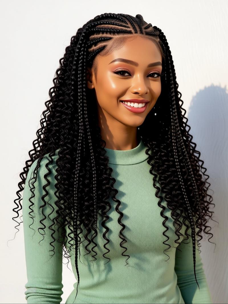 13x6 HD Lace Frontal Half-Braided Curly Wigs, Synthetic Braids Half-Cornrows Half-Curly Wig with Baby Hair, Pre-Styled Braid Wigs, 18 Inch