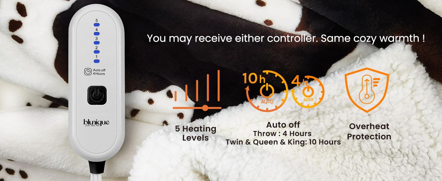 【Buy 2 get 1 poker blanket free】Blunique Cow-Print Heated Blanket, 5 Heat Levels, 4H Auto-Off, Machine Washable, Sherpa Flannel