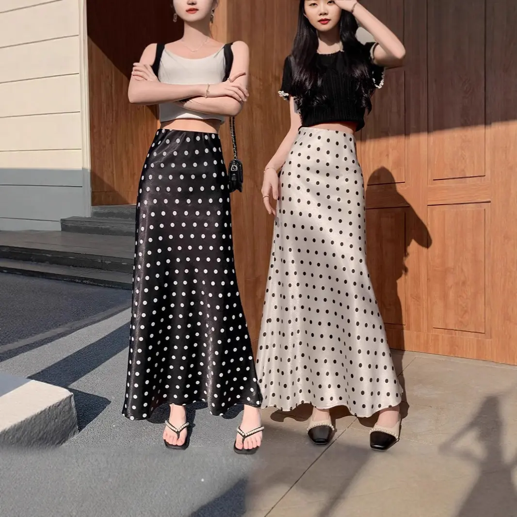 Elegant acetate fabric polka dot fishtail long skirt for women, new style, high-waisted, slimming, one-step pencil skirt