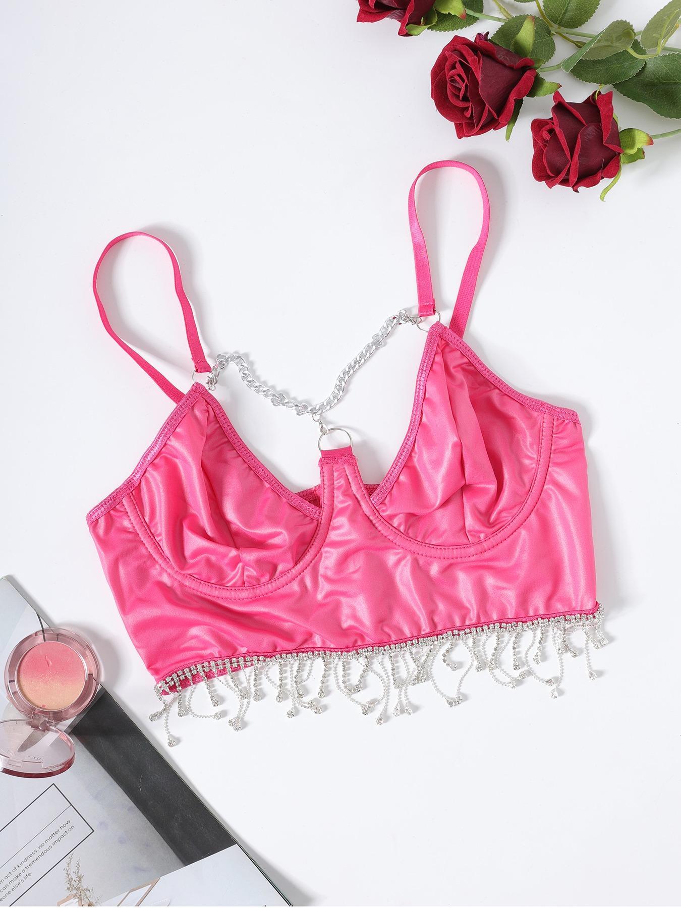 Women's Solid Rhinestone Tassel Charm Chain Decor Crop Camisole Top, Fashion Aesthetic Casual Spaghetti Strap Top for Daily Outdoor Wear, Women's Top For All Seasons