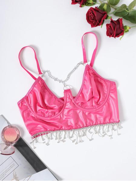 Women's Solid Rhinestone Tassel Charm Chain Decor Crop Cami Top, Fashion Casual Spaghetti Strap Top for Daily Outdoor Wear, Women's Top For All Seasons