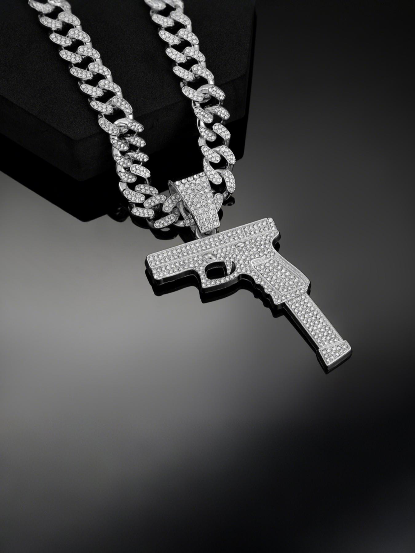 Hip Hop Gun Shape Zircon Pendant Necklace, Alloy Cuban Link Chain Street Style Art Culture Jewelry, Unisex Hipster Fashion Accessory