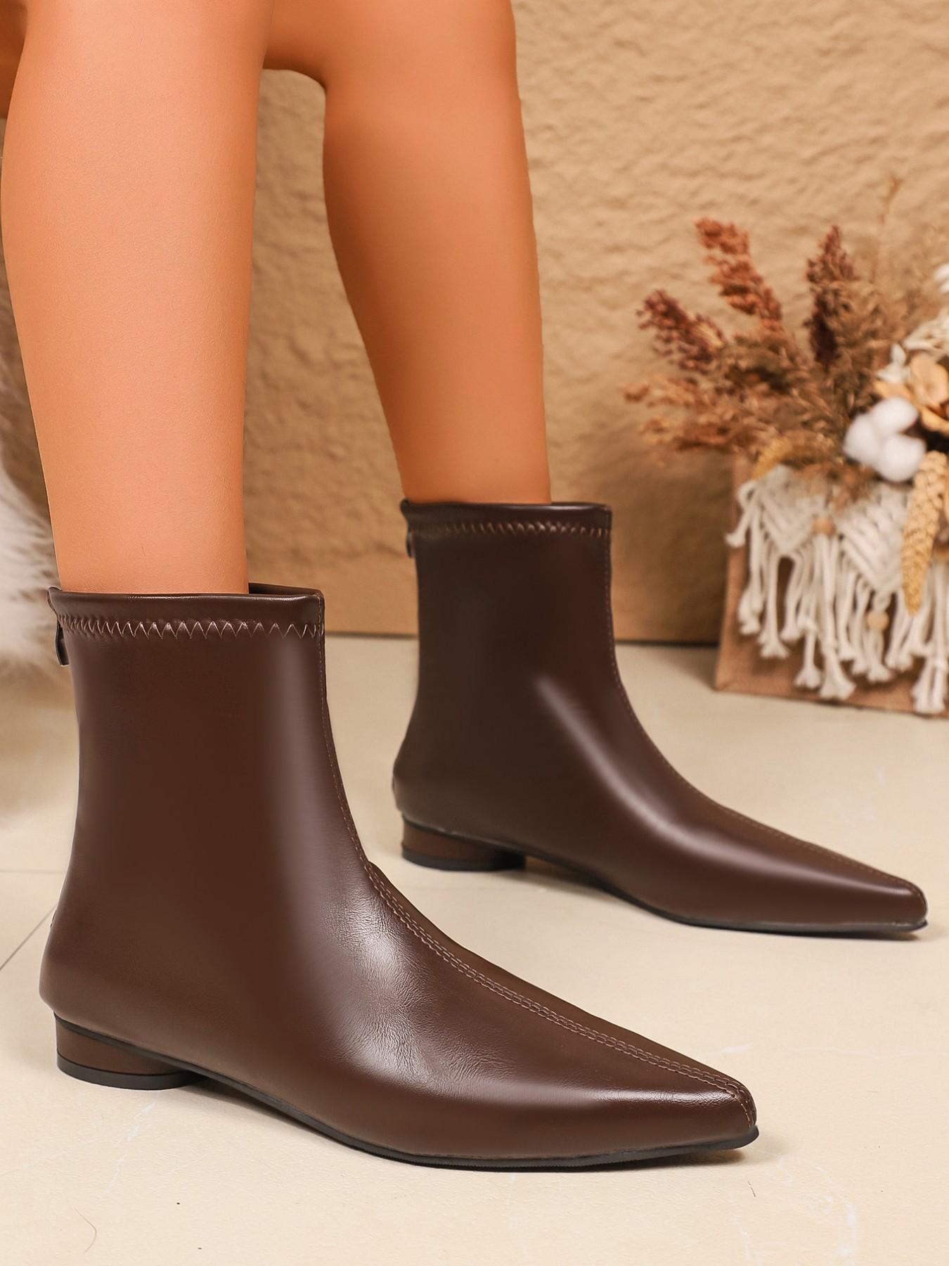 Elegant Pointed Toe Low Heel Elastic Short Boots, Soft Leather Slimming Nude Boots, Daily Commute Versatile Ankle Boots, Autumn Winter Fashion