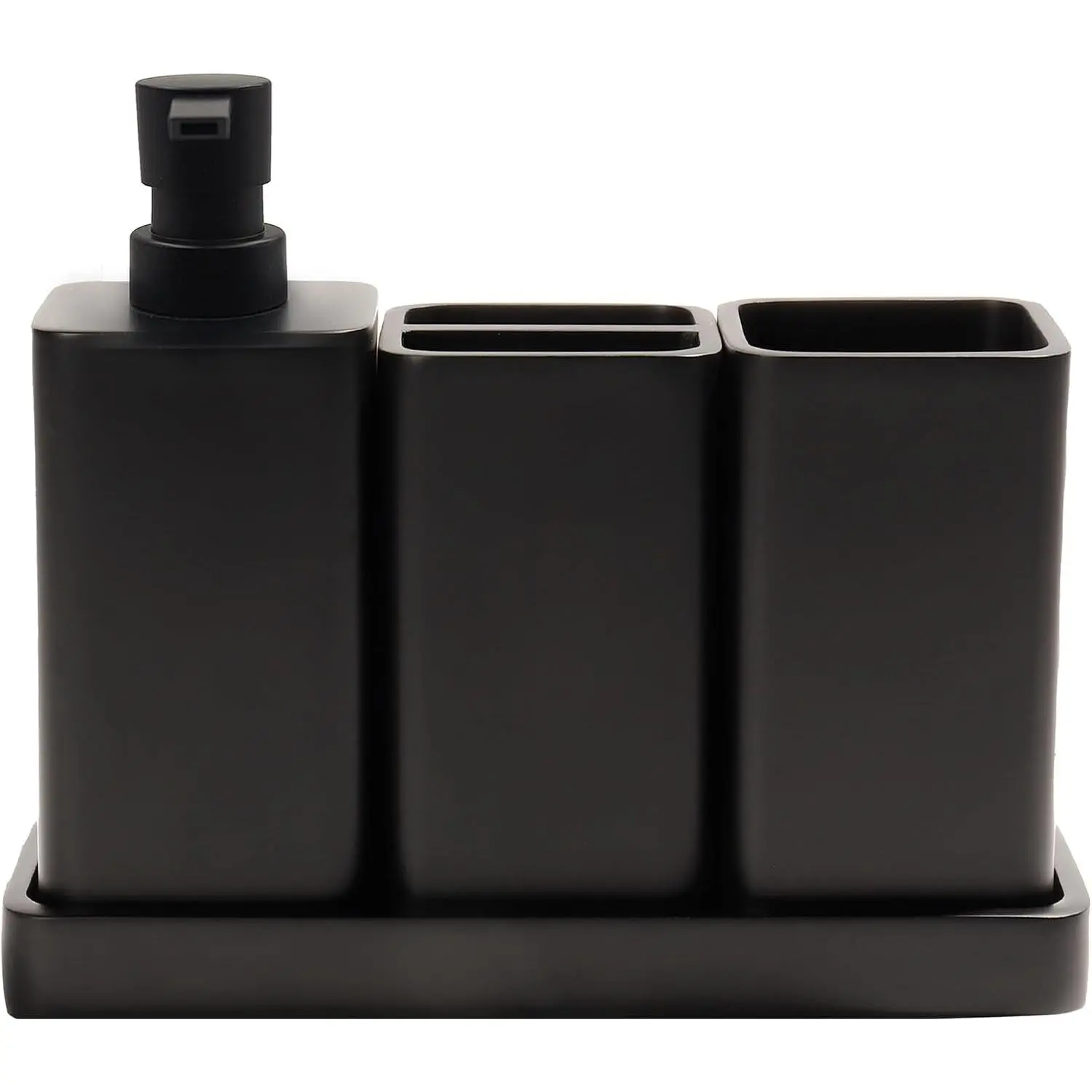 Bathroom Accessories Set, 4 Piece Toothbrush Holder Set, Matte Black Bathroom Accessory Set with Soap Dispenser, Toothbrush Holder, Tumbler, Vanity Tray, Bathroom Sink Set for Modern Home Decor