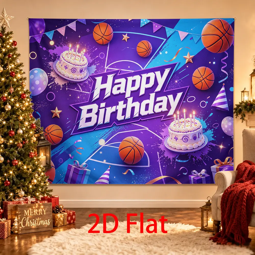 Basketball Birthday Backdrop, Purple Blue Sports Court Photo Background with Cakes, Balloons, Gifts and Stars