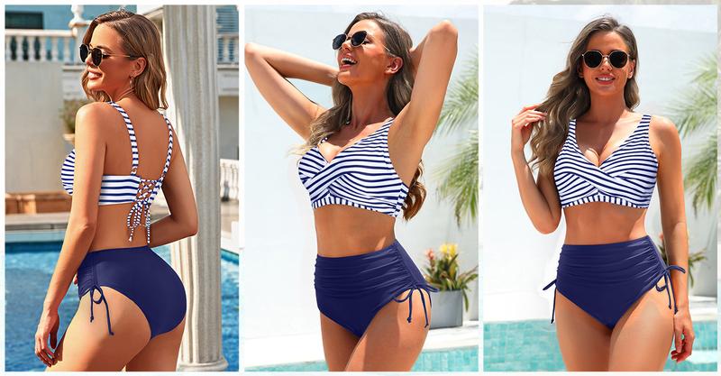 Aqua Eve Women High Waisted Bikini Twist Front Swimsuits Lace up Bikini Tops Ruched Push up Two Piece Bathing Suits