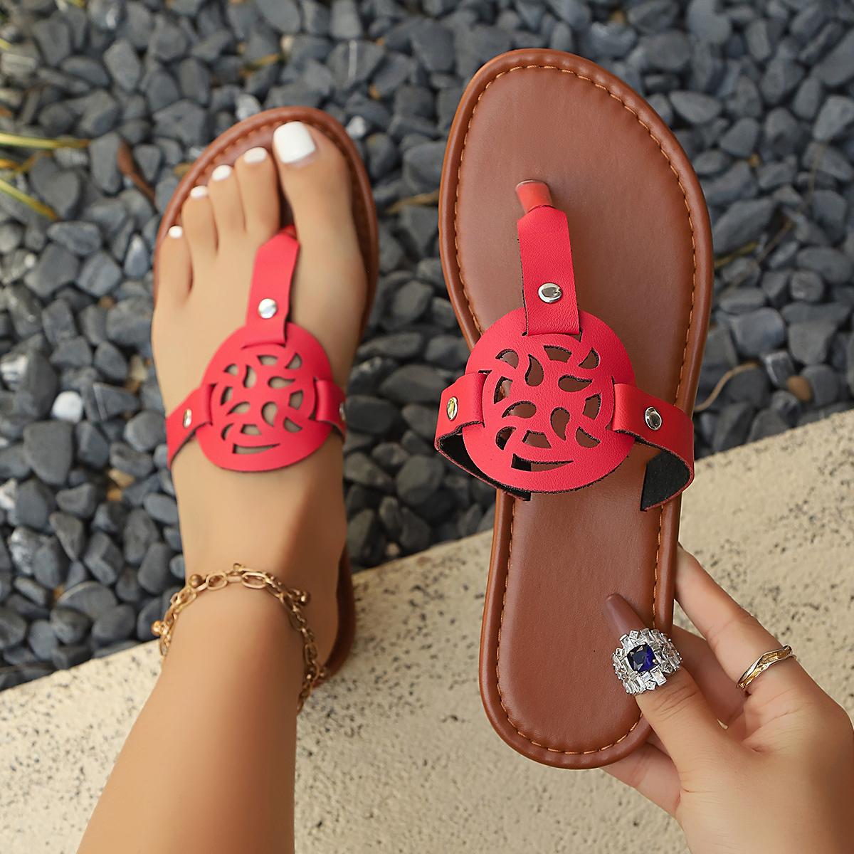 Women's Hollow-Out Cutout Flip-Flop Sandals, Strappy Summer Sandals, Summer New Flat Thong Slippers, Casual Versatile Beach Vacation Shoes