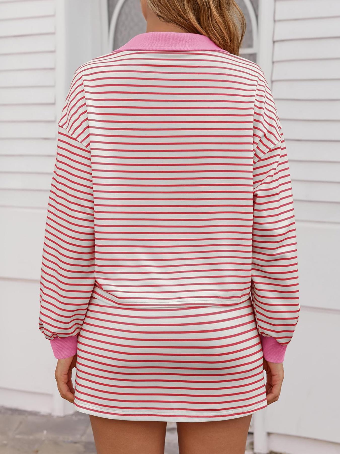 Women's Striped Casual Two-Piece Set - Polo Neck Long Sleeve Top & Mini Skirt Tracksuit