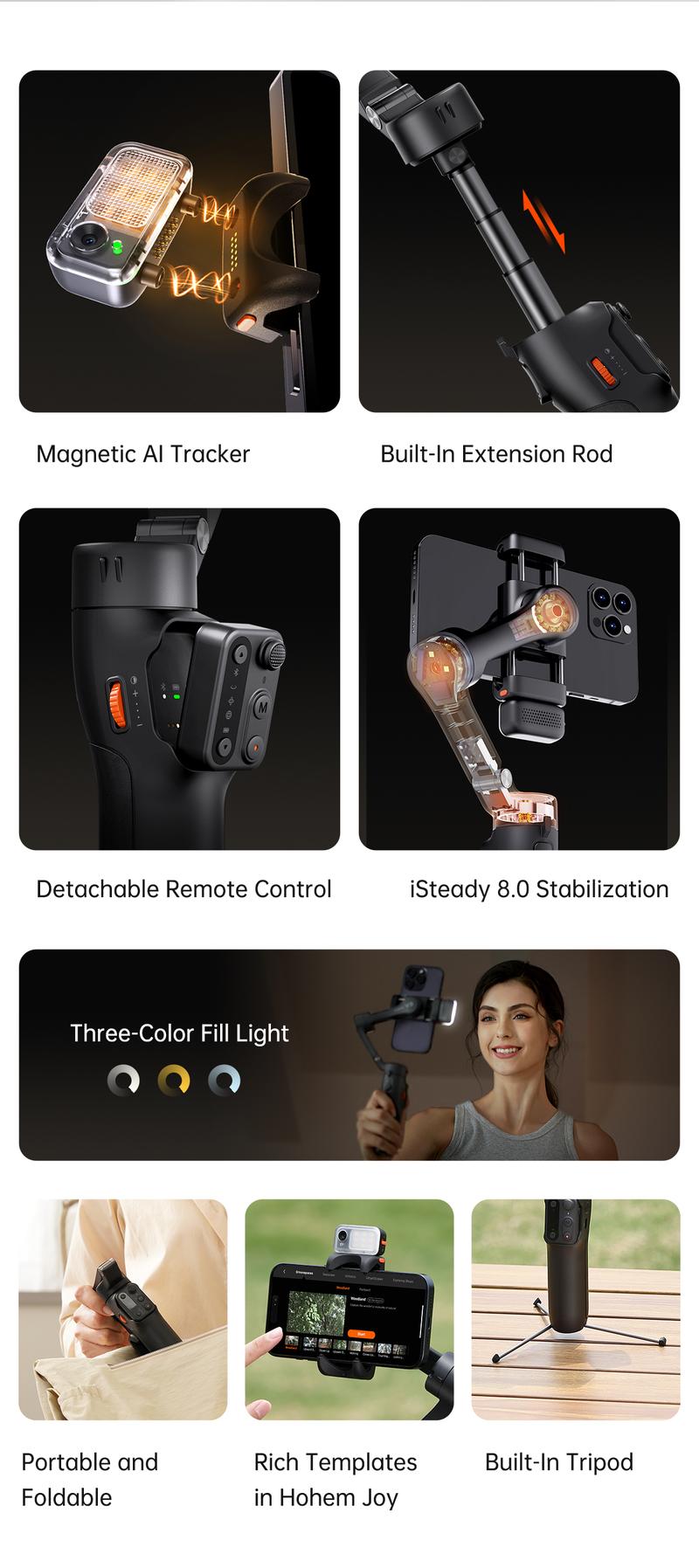 Hohem iSteady V3 New Gimbal Stabilizer for SmartiPhone, 3-Axis Phone Gimbal, Magnetic AI Tracker, Built-in Extendable Rod & Tripod, Detachable Remote Control,selfiestick,Phone Accessories,Suitable for Android & iPhone 17 series, Travel, Vlog, TikTok