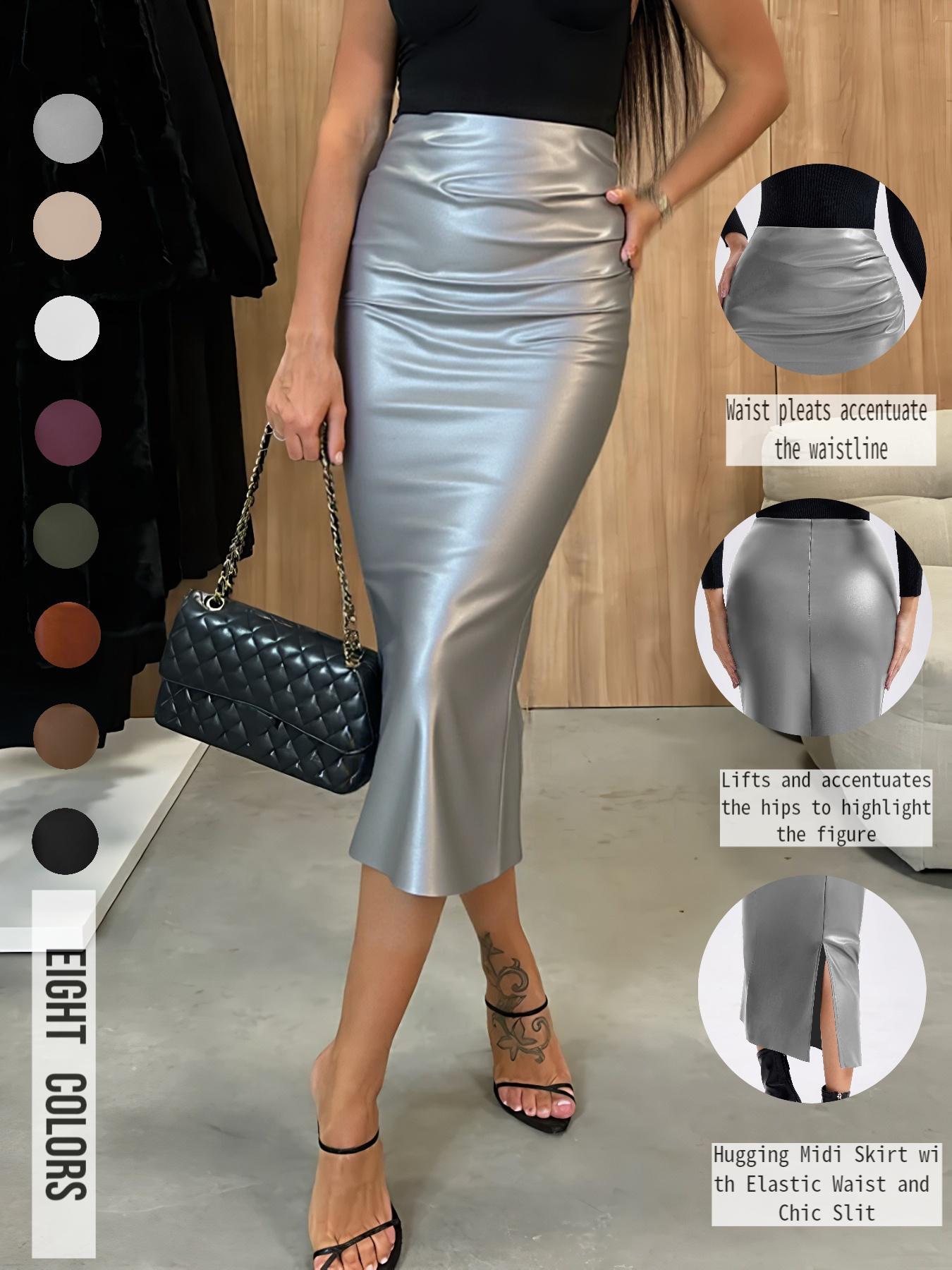 Women's Solid Color PU Leather Skirt, Fashionable Casual Skirt for Daily Outdoor Wear, Ladies Bottoms for All Seasons