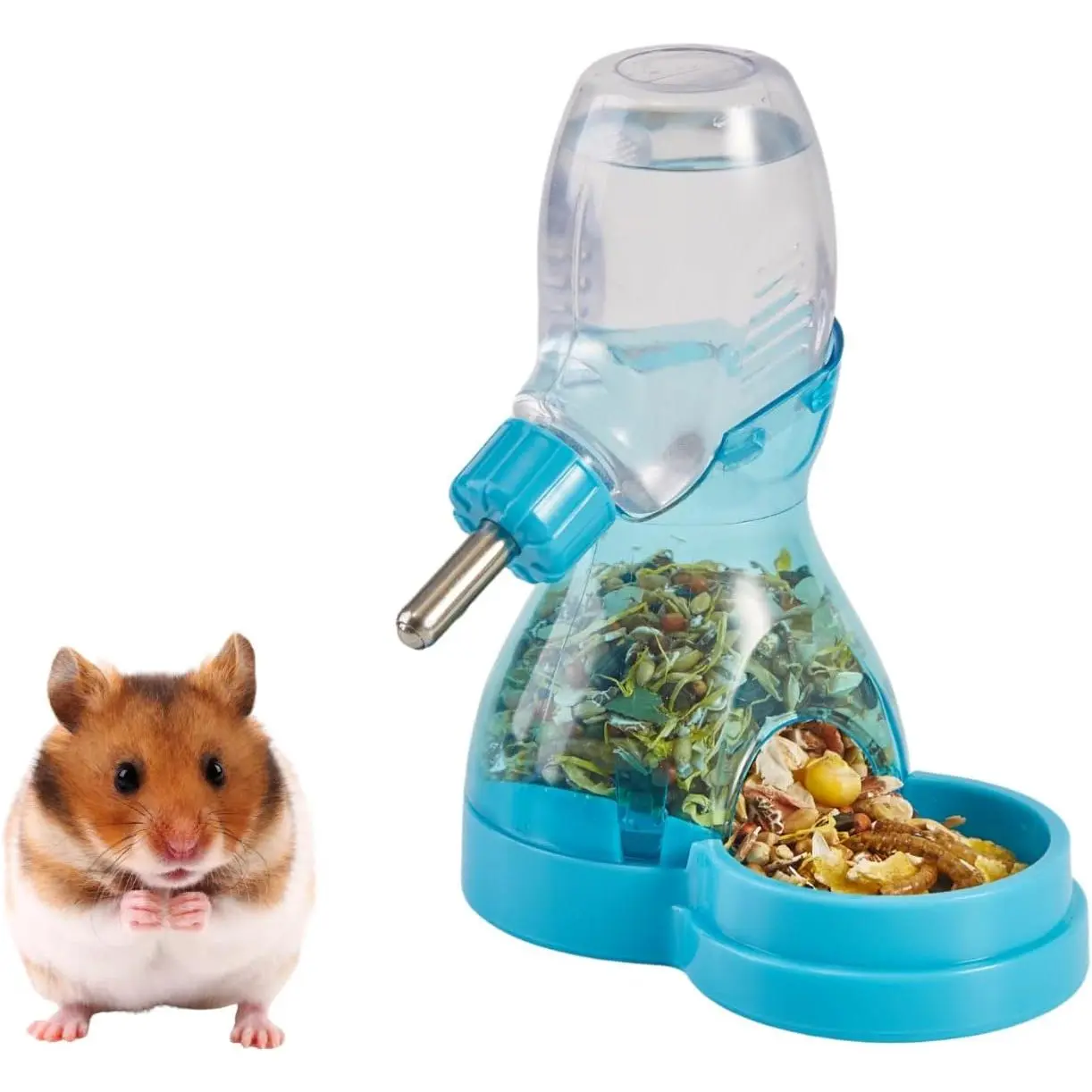 2 in 1 Hamster Water Bottle No Drip with Large Capacity Automatic  Dispenser Small  Feeder for Syrian  Hamster  Rat Degu (Blue, 3oz)