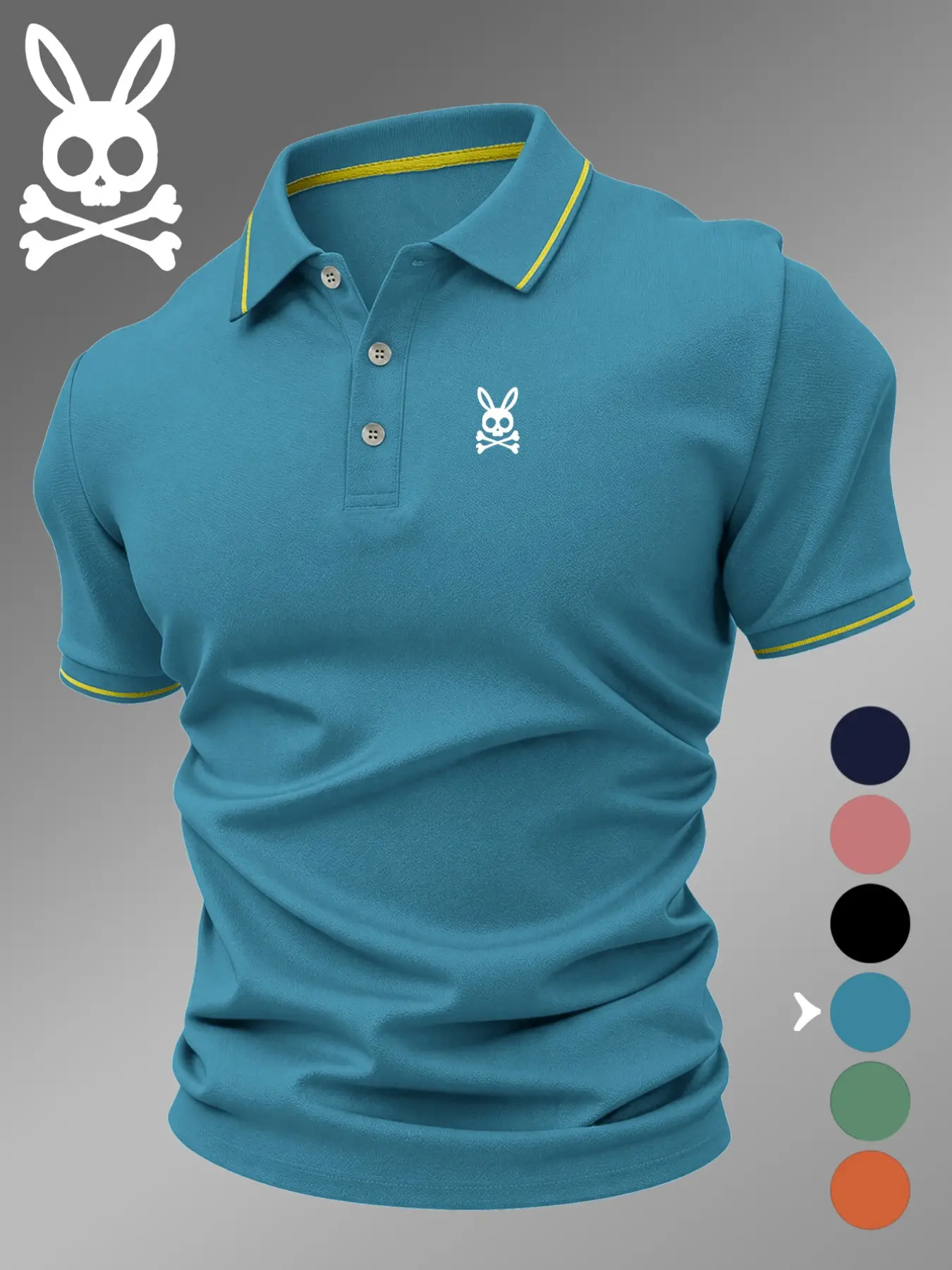 Men's Casual Breathable Skull Rabbit Print Polo Shirt, Elastic Comfortable Durable High-End Polo Top, Buttoned Polo Shirt, Collared Polo Shirt #GLOBAL PICKS