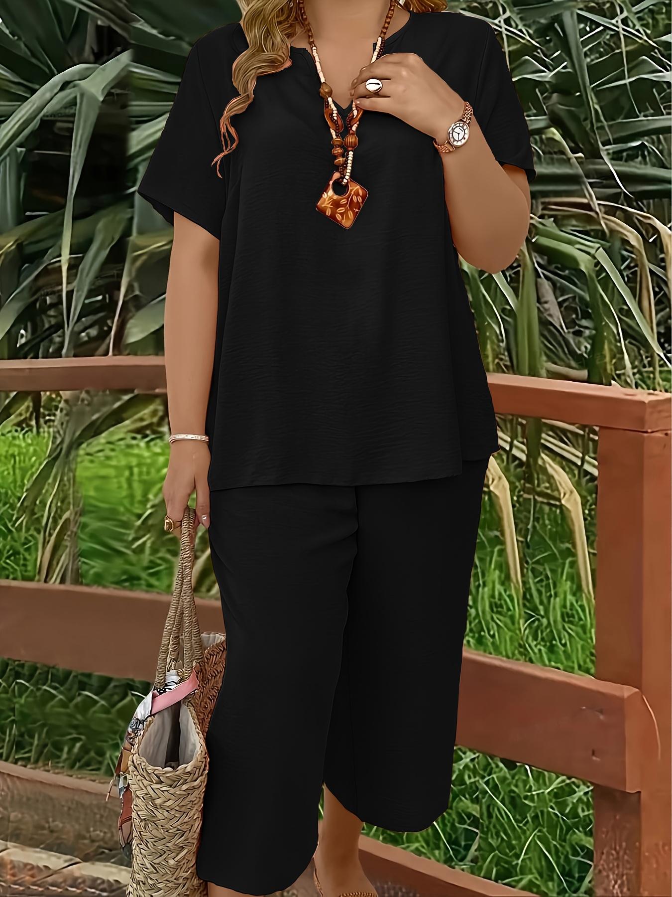 Elegant Plus Size Women's Solid Color Short Sleeve Fashion Top & Casual Wide Leg Pants Set, Summer, Comfortable & Stylish
