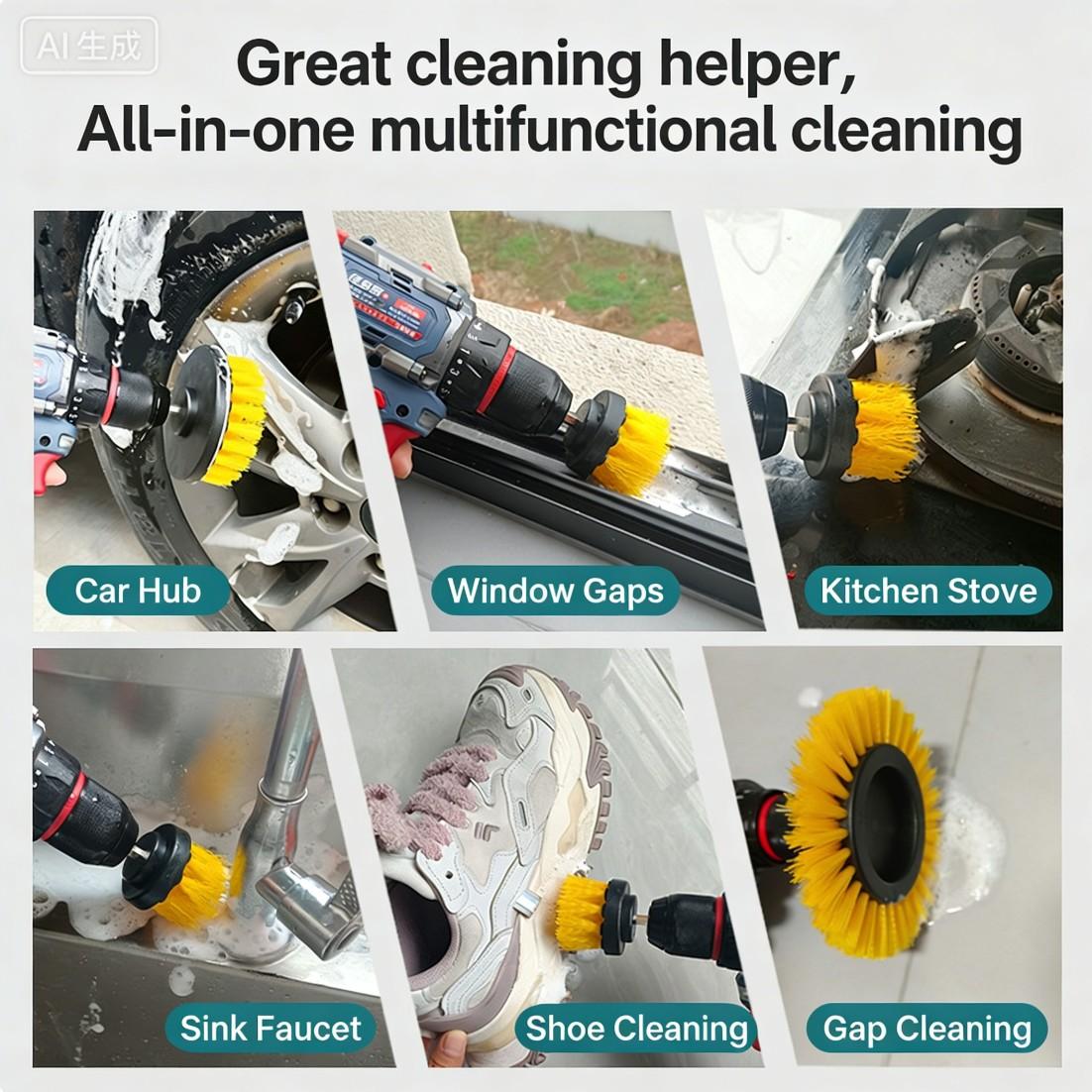 3 Piece Power Scrubber Brush Kit for Wheels, Tires, Carpet, Interior,Shoe cleaning, Upholstery - Medium Stiff Nylon Brushes for Cordless Drill Cleaning