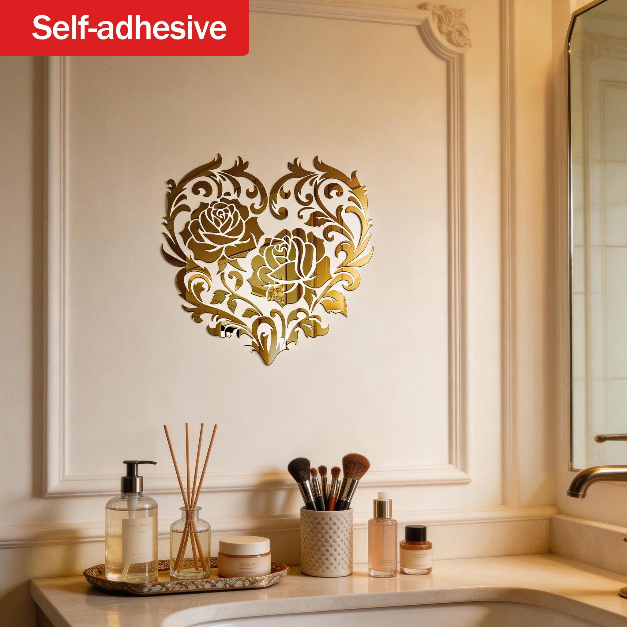 Mirror Rose Heart Art Self-Adhesive Wall Hanging Makeup Mirror, Romantic Decorative Wall Mirror for Living Room Bedroom, Luxury Atmosphere