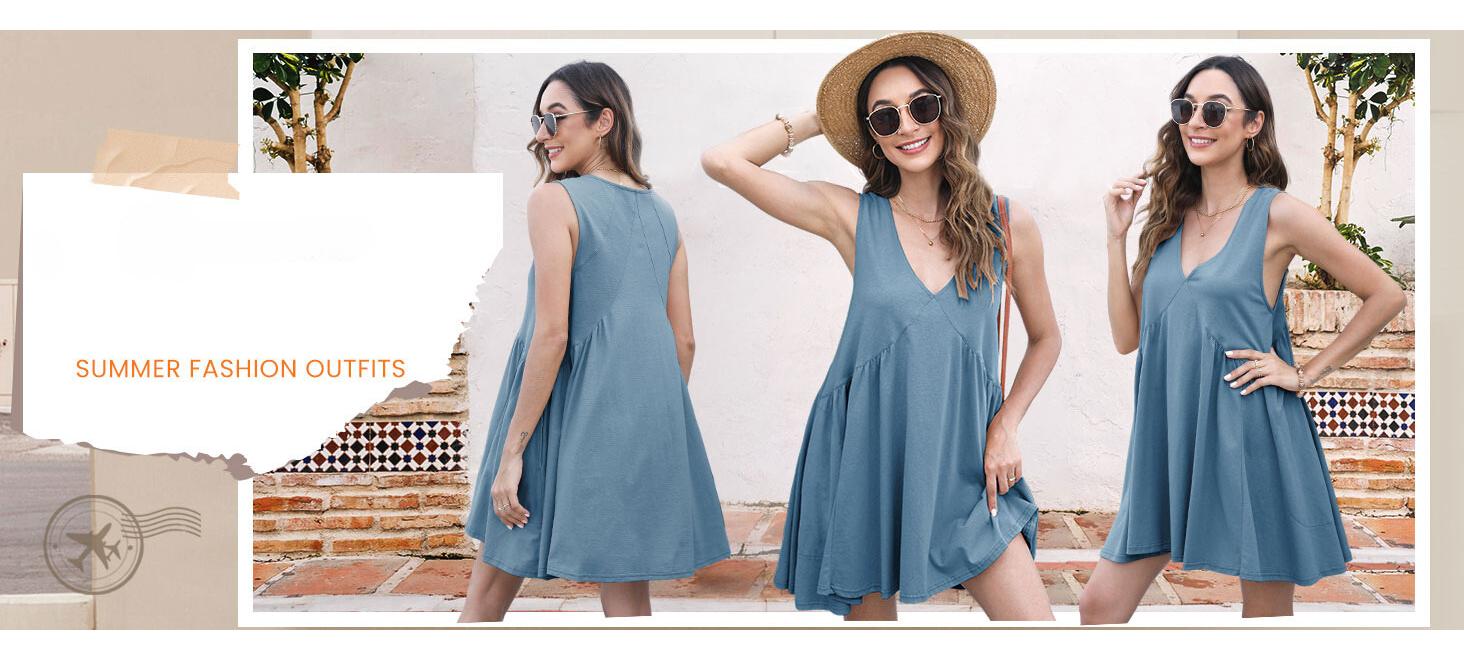 Ommig Women's Summer Sleeveless Mini Dress Casual Loose V Neck Sundress with Pockets