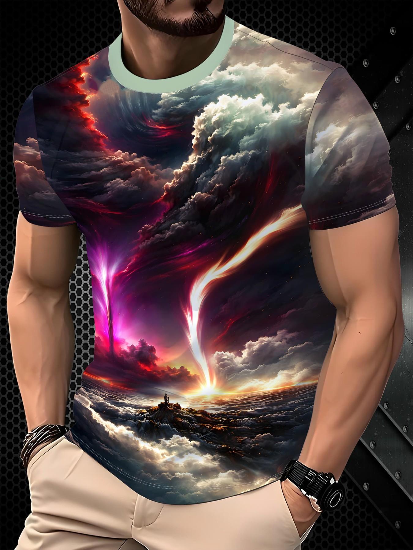 Unisex Vintage T-Shirt, Gradient Sunset Print, Loose Fit Short Sleeve, Casual Daily Wear, Outdoor Commute, Trendy Fashion