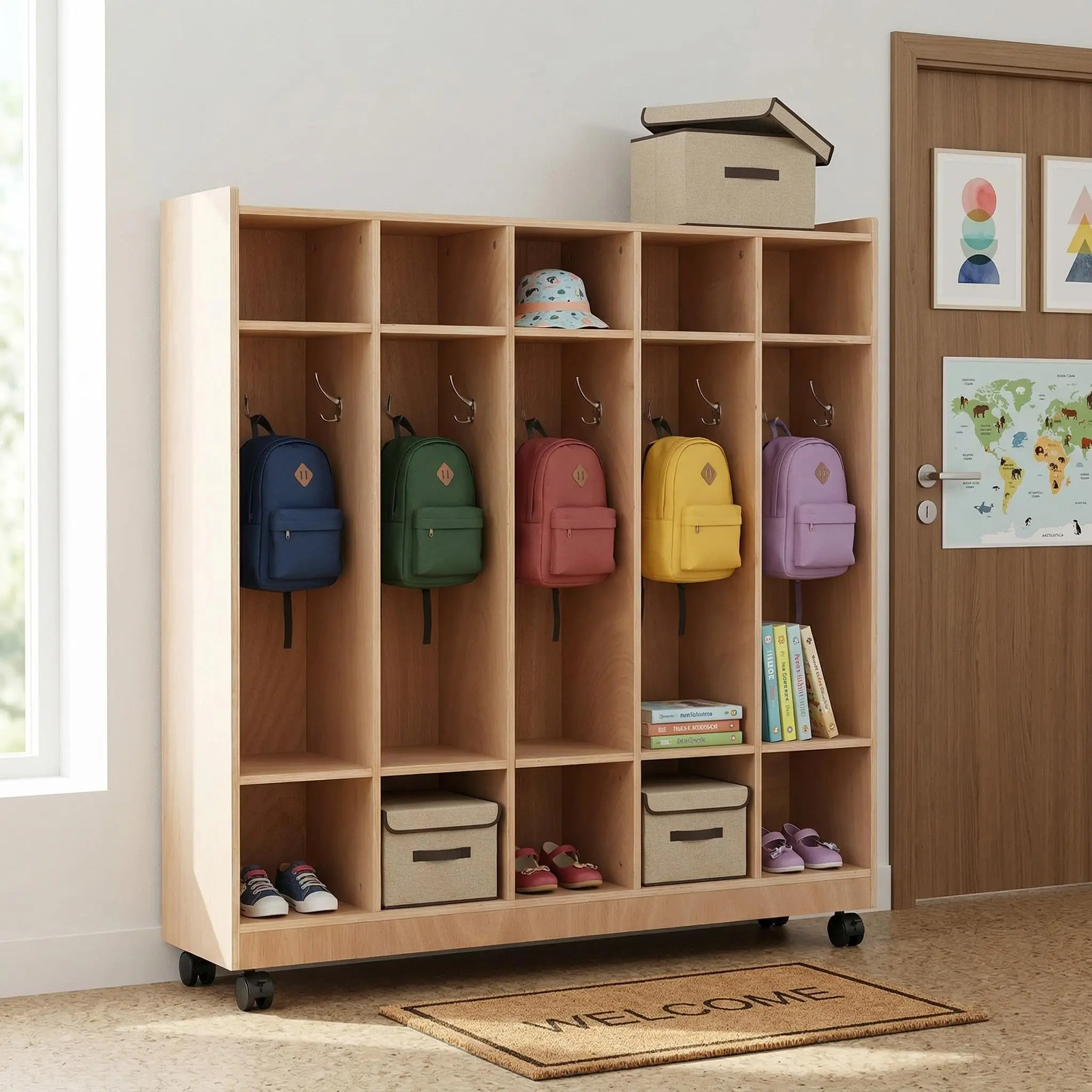 Kids Plywood 2-Pack 5-Section Classroom Coat Locker with 10 Cubbies, Storage Cabinet, 47.6x12x48.4" Unglazed Finish Organizer with Swivel Caster for Daycare & Home Entryway