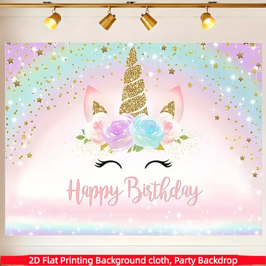 Flash gold unicorn birthday party background banner with rainbow stars, pink theme, polyester material, suitable for photo booths, parties, birthdays, celebrations, indoor and outdoor home birthday party decoration, home decoration, room decoration