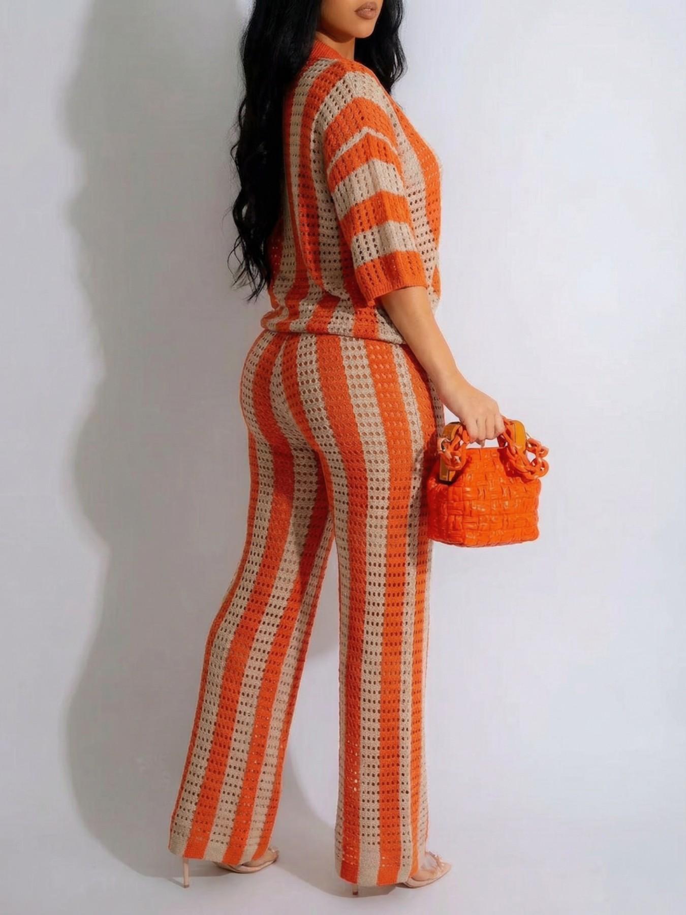 Two-Piece Set Women's Colorblock Striped Print Hollow Out Button Front Top & Wide Leg Pants, Casual Drop Shoulder Collared Top & High Waist Pants for Spring & Summer, Women 2 Piece Outfit, Summer Beachwear Set for Women, Vacation Outfit, Clothing Sets Two-Piece Set Women's Colorblock Striped Print Hollow Out Button Front Top & Wide Leg Pants, Casual Drop Shoulder Collared Top & High Waist Pants for Spring & Summer, Women 2 Piece Outfit, Summer Beachwear Set for Women, Vacation Outfit, Clothing Sets