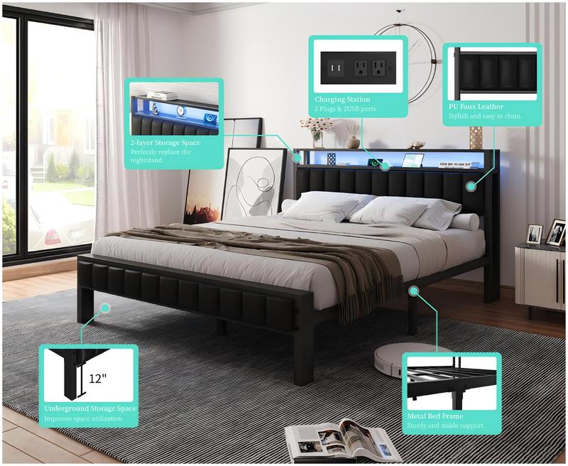 VanAcc Metal Bed Frame with  2-Tier Faux Leather Storage Headboard, Modern Platform Bed with Charging Station and LED Lights, No Box Spring Needed