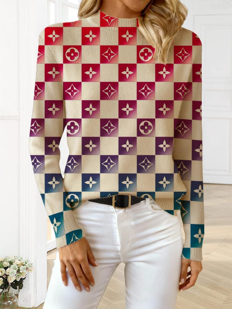 Women's Gradient Plaid Geometric Print Sweater, Fall and Winter Casual Long Sleeve Knitwear, Comfortable Warm Daily Wear