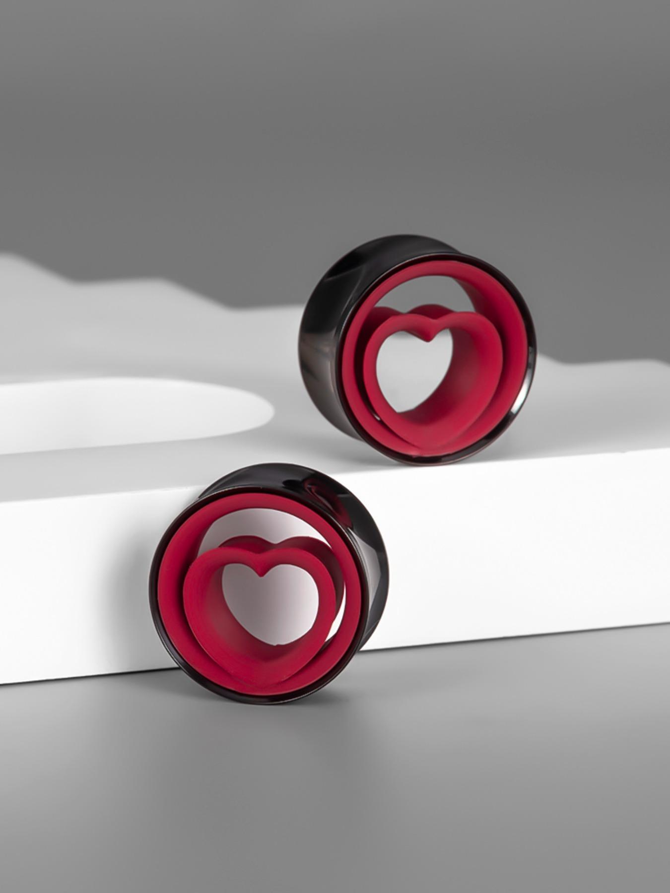 vanku 2pcs Statement Heart Ear Tunnels Plugs, 316L Stainless Steel Hypoallergenic Gauges, Boho Style, All Seasons, Punk Rock Look