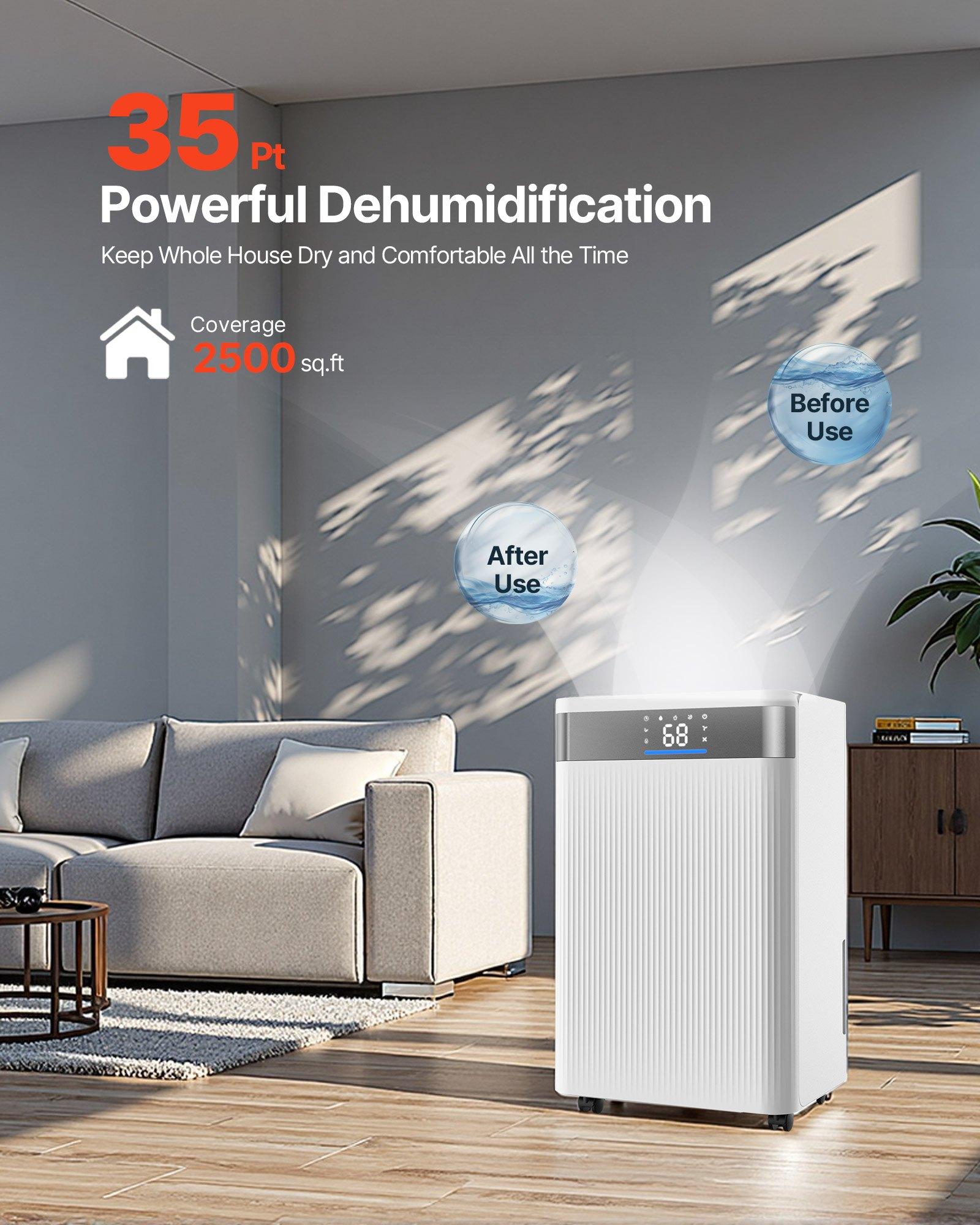 VEVOR 35 Pints Dehumidifier for Home Basement, Drain Hose for Commercial Industrial Use, Smart Humidity Control, Low Noise for Large Rooms, Warehouses, Bedrooms Storage, Large Coverage, White