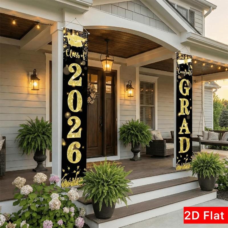 2D Flat Banner Door Sign 1 Pair, 2026 Graduation Porch Banner, Outdoor Gold Sparkle, Weatherproof Graduate Welcome Sign, High School Party Supplies