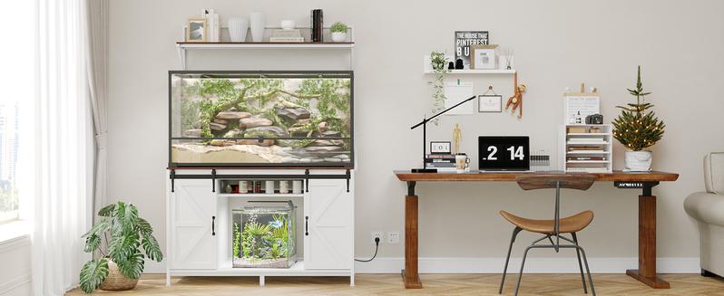 VOWNER Farmhouse Reptile Tank Stand with Power Outlet, 48" X 24" Tabletop Fits up to 120 Gallon Bearded Dragon Tank, Heavy Duty Aquarium Stand with Storage Cabinet, Reptile Turtle Terrarium Stand