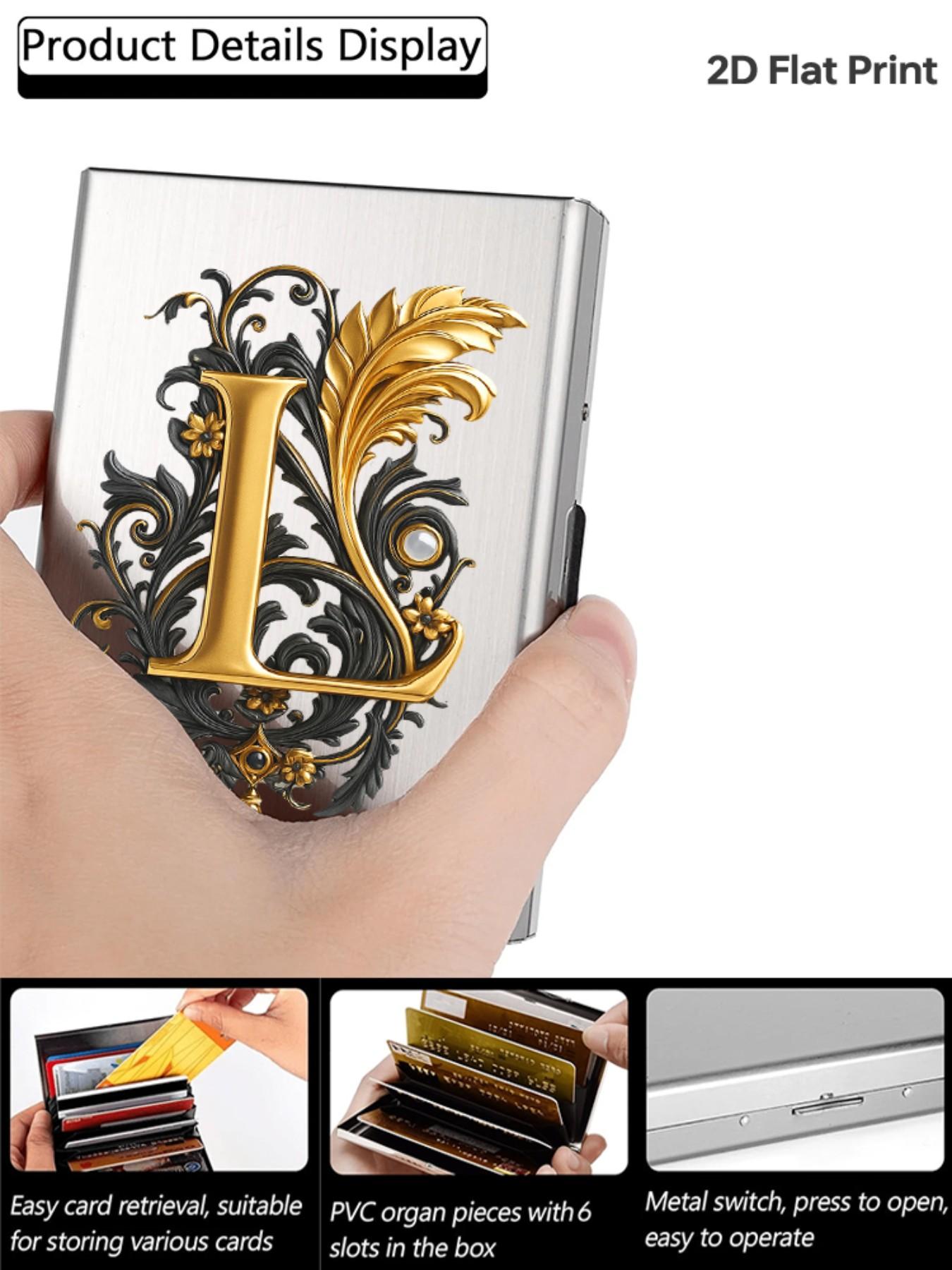 Luxury Gold Baroque Letter L Print Rfid Metal Card Holder, Card Slot, Multi-Layer Stainless Steel, Ultra-Thin Magnetic Closure, Perfect Gift