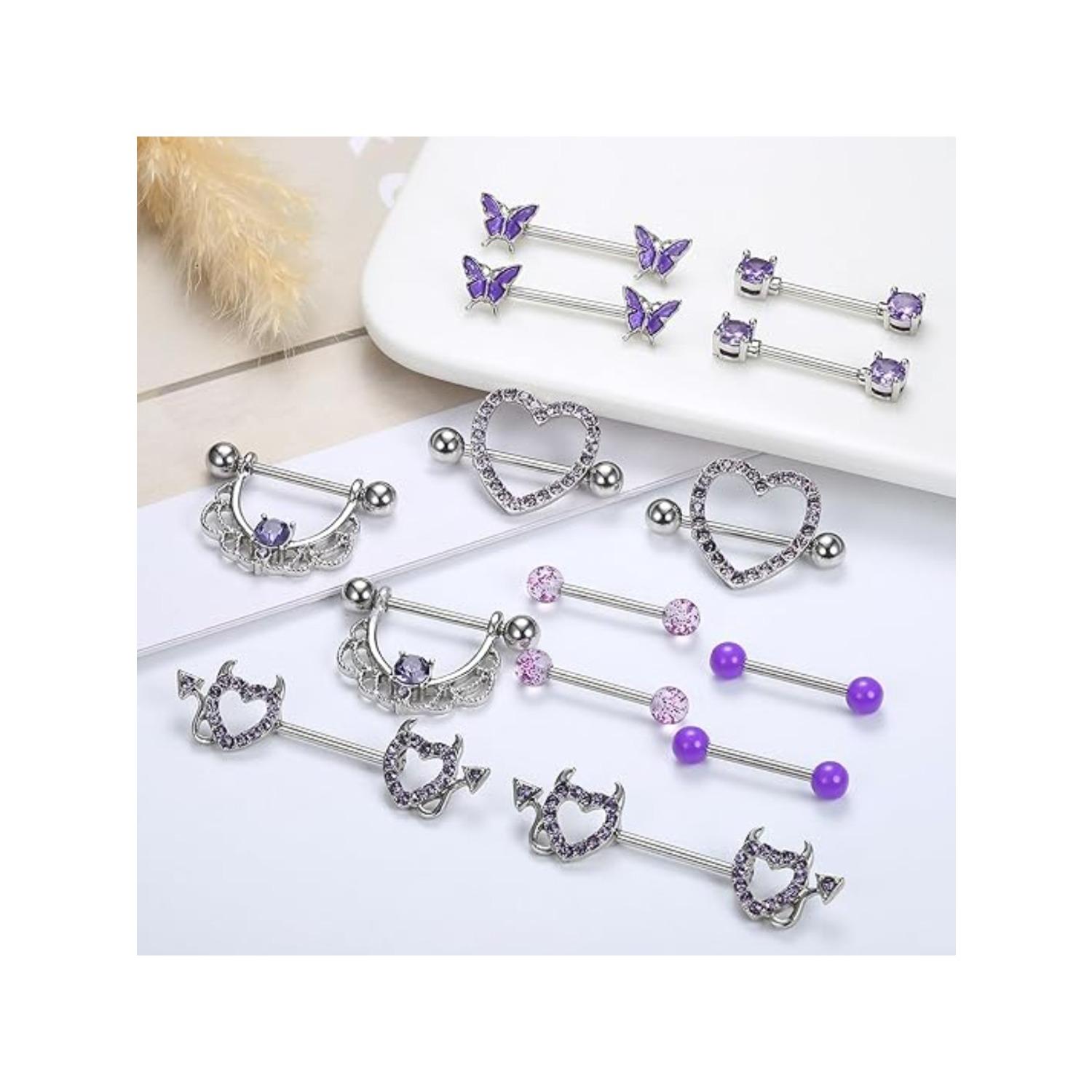 7 Pairs 14G Nipple Rings 316L Surgical Steel Nipple Piercing CZ Heart Butterfly Barbell Tongue Rings Set Cute Nipple Tongue Piercing Jewelry for Women Body Jewellery