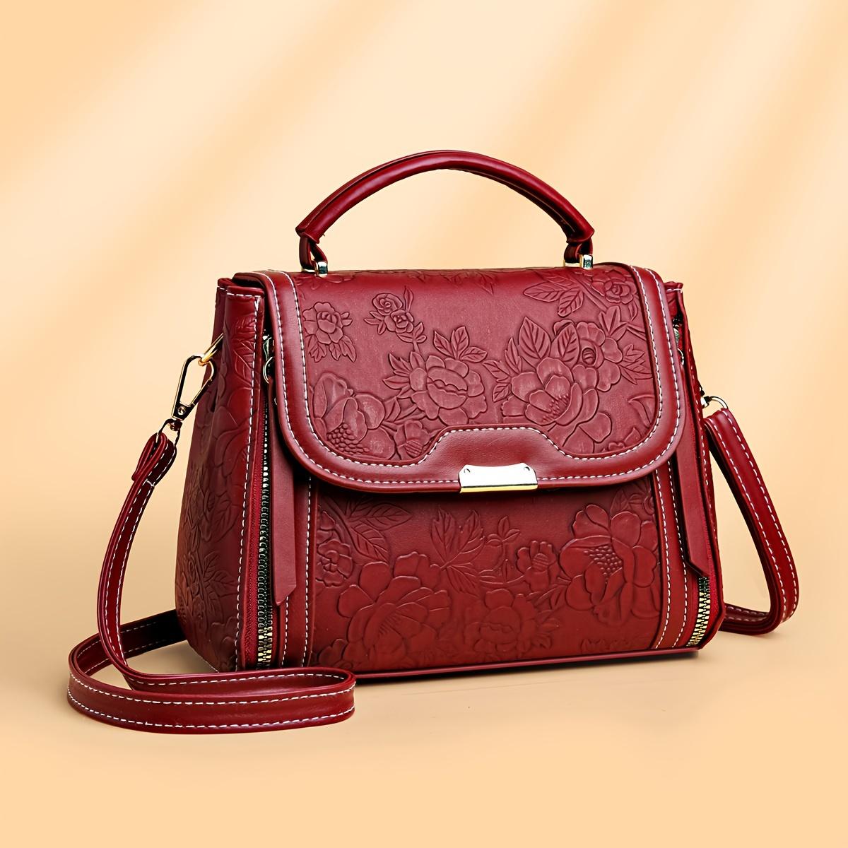 Ladies' Elegant Flower Embossed Handbag - Brown/Red/Black