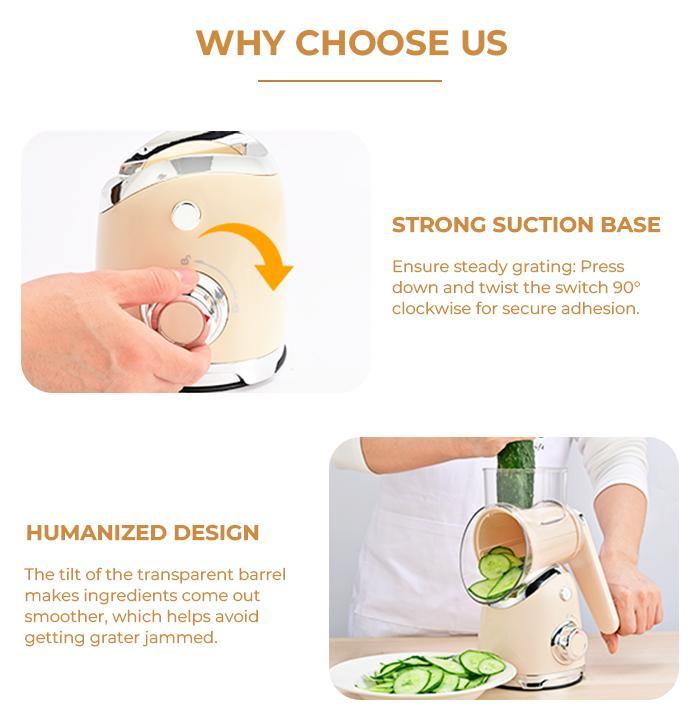 SUSTEAS 6-in-1 Pro Rotary Grater – Crush Ice, Shred Cheese & Slice Veggies with Ease! Secure Suction Base & Hand Guard for Ultimate Control & Safety – Effortless Prep