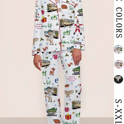 Women's Vintage Christmas Cartoon Print Long Sleeve Pajama Set Pjs, Soft & Smooth Two-Piece Sleepwear for Fall & Winter