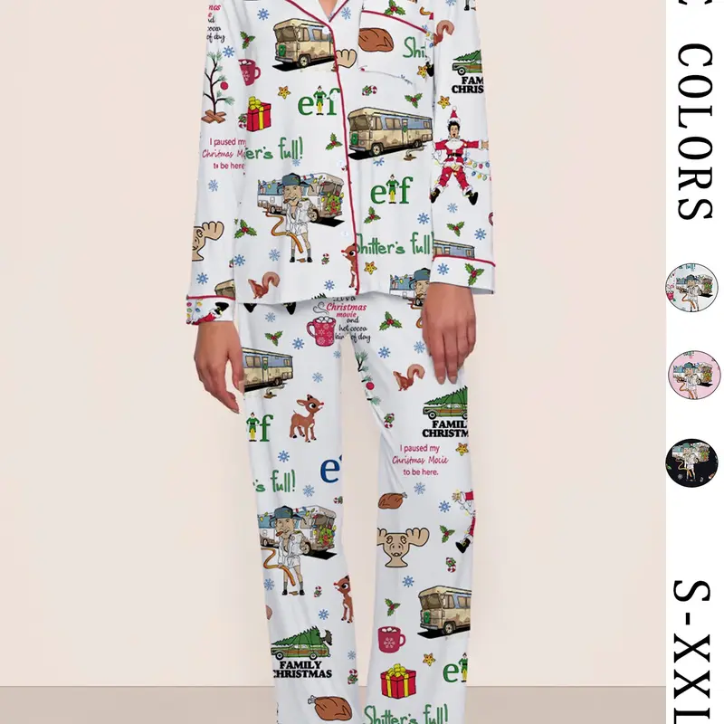 Women's Vintage Christmas Cartoon Print Long Sleeve Pajama Set Pjs, Soft & Smooth Two-Piece Sleepwear for Fall & Winter