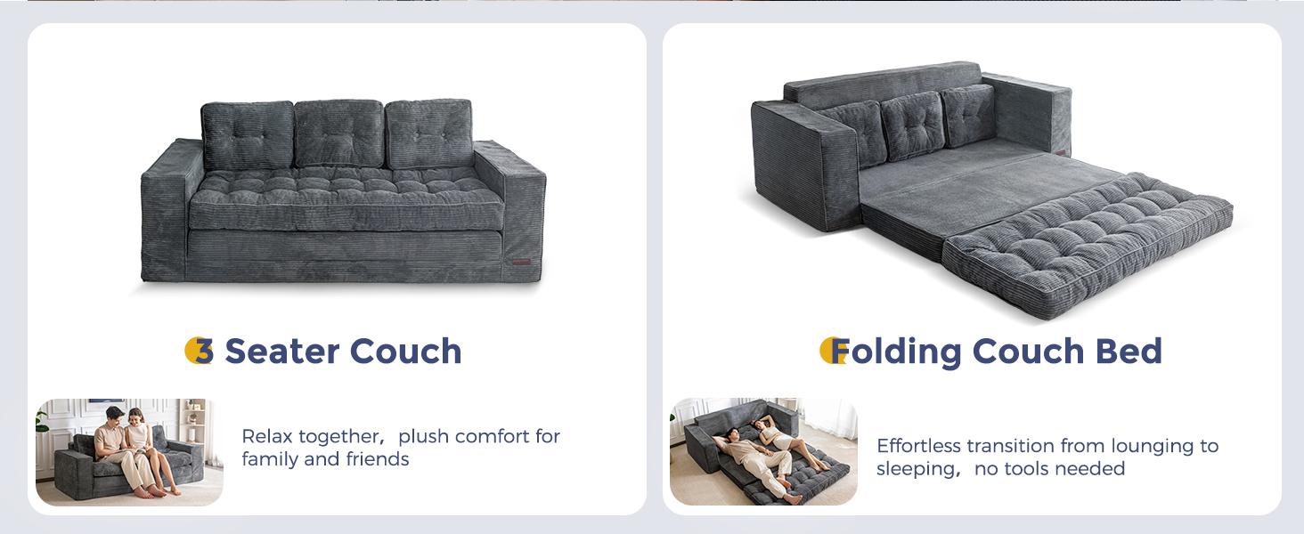 MAXYOYO Convertible Sofa Bed, Pull Out 3 Seater Sleeper Sofa, 2 in 3 Folding Couch Bed, Fold Out Floor Couch with Pillows for Living Room Bedroom Lounge