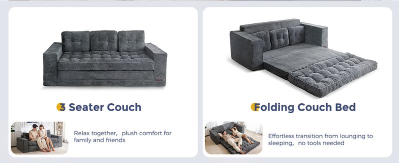 MAXYOYO Convertible Sofa Bed, Pull Out 3 Seater Sleeper Sofa, 2 in 3 Folding Couch Bed, Fold Out Floor Couch with Pillows for Living Room Bedroom Lounge