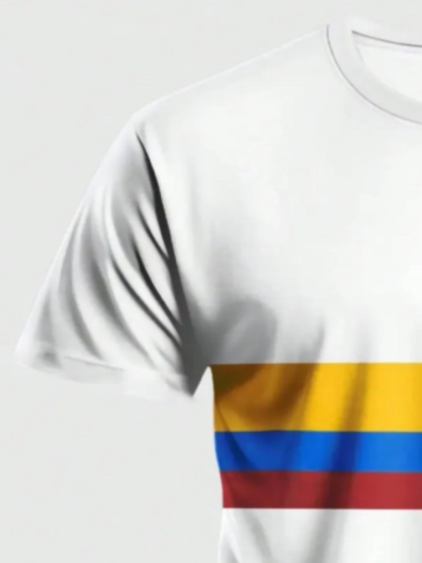 Men's Columbia Flag Striped Print T-Shirt, Blue National Pride Round Neck Short Sleeve Top, Sporty Loose-Fit All-Season Clothing